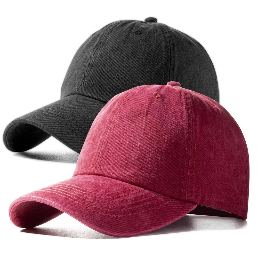 2 Pack Baseball Caps Golf Dad Hats,Ajustable Vintage Washed Cotton Ball Cap for Men Women(Black+WineRed)