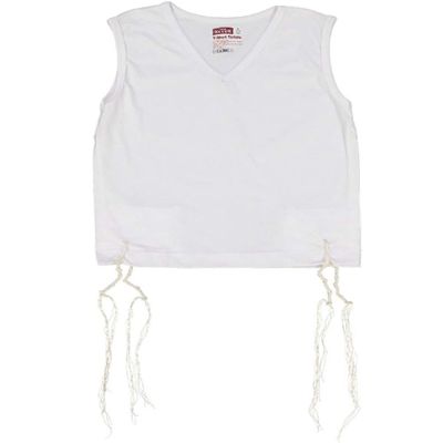Keter Judaica Boys Perf-Tzit V-Neck Undershirt Tzitzis with Ashkenaz Strings - White, 4