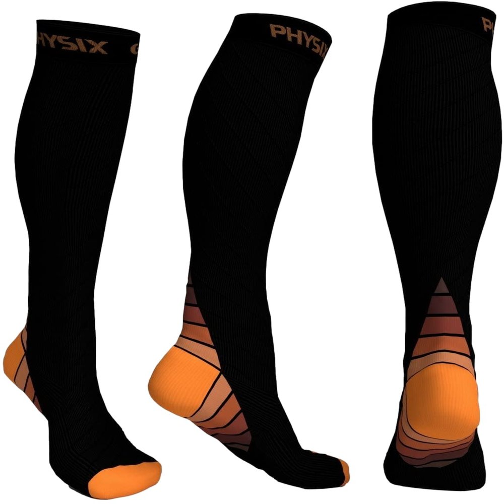 Physix Gear Compression Socks - Best Men & Womens Compression Socks for Circulation, Running, Nurses, Athletic Use Sock Compression, Blood Pressure Socks, Calcetines de Compresion, Black/Orange, XXL