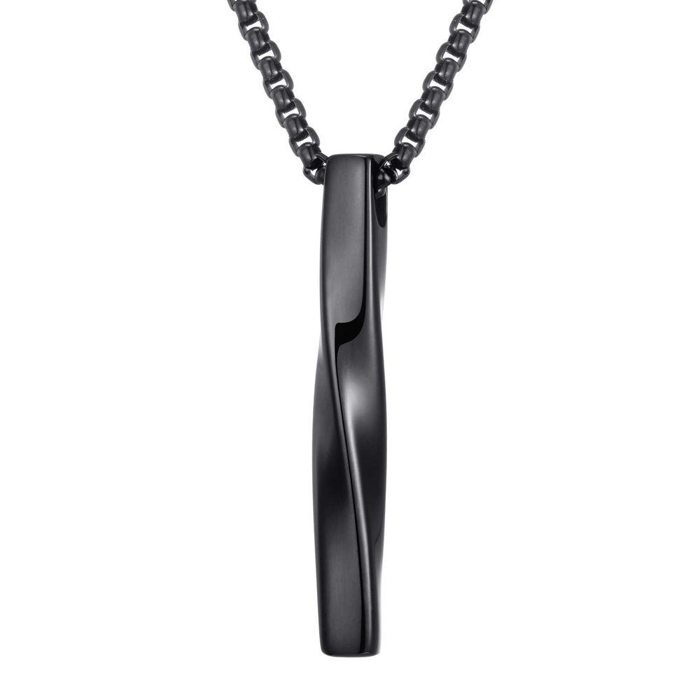 Moolee Mens Stainless Steel Pendant Necklace Twisted Cube Bar Pendant with Link Chain, Black with 24 Inches Box Chain