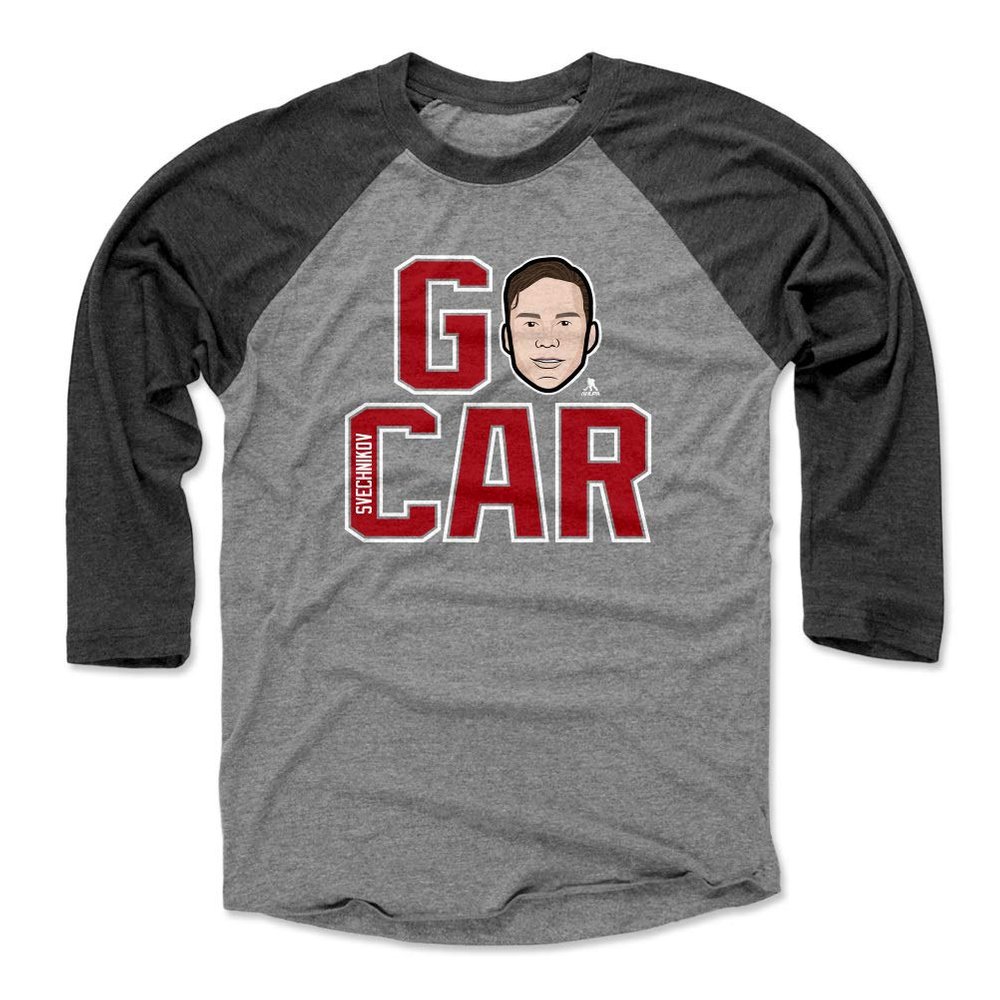 500 LEVEL Andrei Svechnikov Tee Shirt (Baseball Tee, XXX-Large, Black/Heather Gray) - Carolina Raglan Tee - Andrei Svechnikov GO CAR R WHT