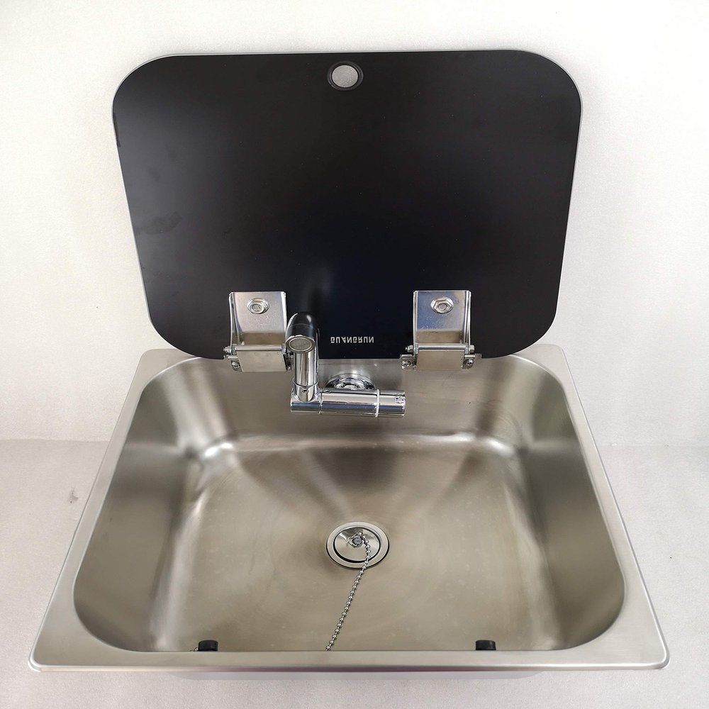 JZ Boat Caravan Camper Stainless Steel Sink with Tempered Glass Lid 350320150mm GR-23150B