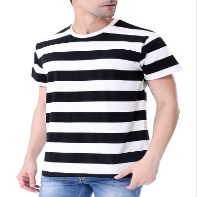 Funny World Mens Black and White Striped T Shirt Crewneck Short Sleeve Casual Tee L