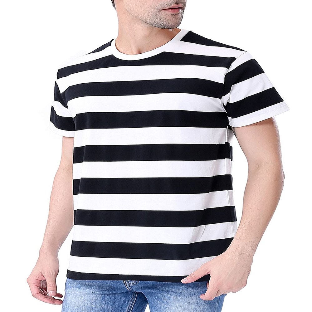 Funny World Mens Black and White Striped T Shirt Crewneck Short Sleeve Casual Tee L