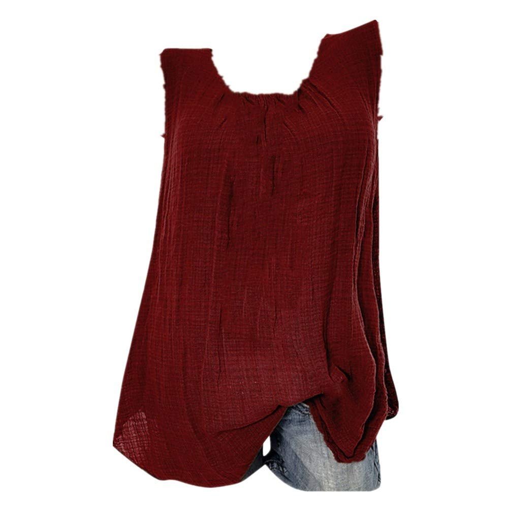 Wokasun.JJ Womens Cotton Linen Blouse,Ladies Sleeveless Baggy T-Shirt Vest Summer Fashion Plus Size Tee Blouse Tank Tops(Wine,L)
