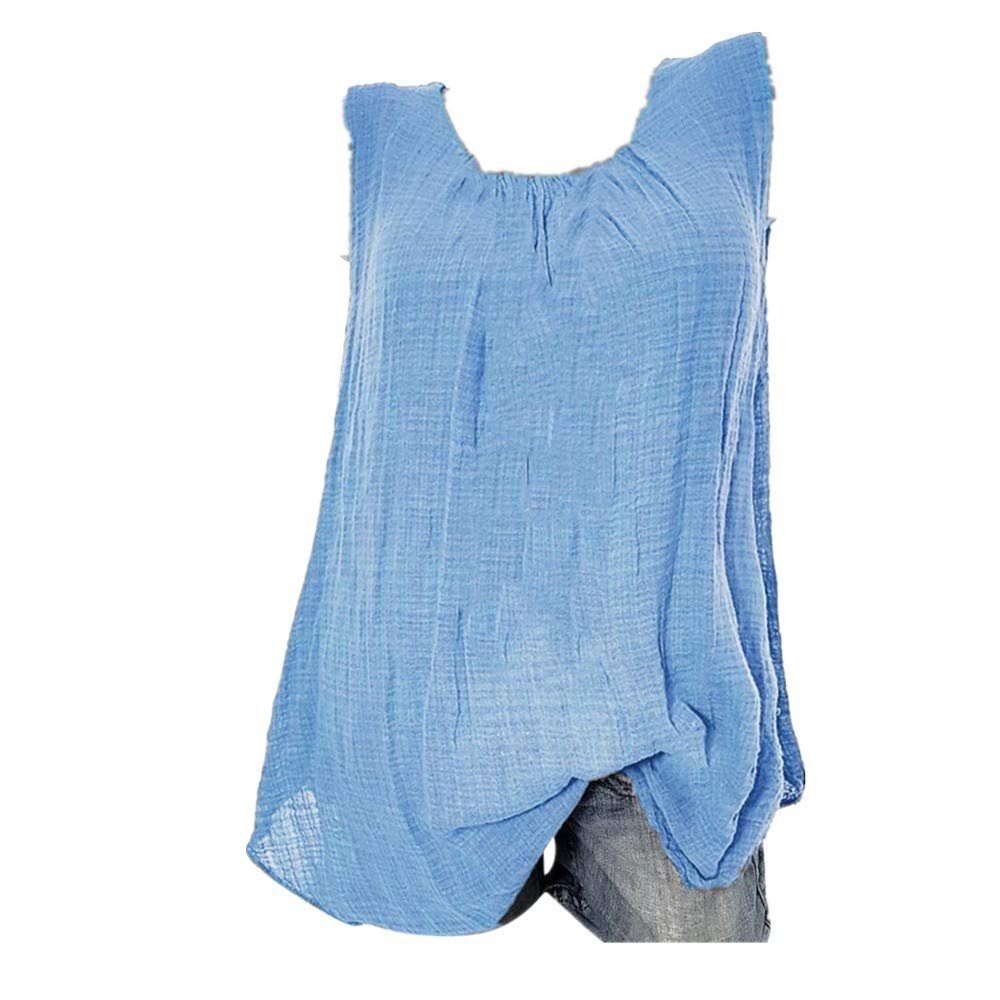 Wokasun.JJ Womens Cotton Linen Blouse,Ladies Sleeveless Baggy T-Shirt Vest Summer Fashion Plus Size Tee Blouse Tank Tops(Light Blue,S)