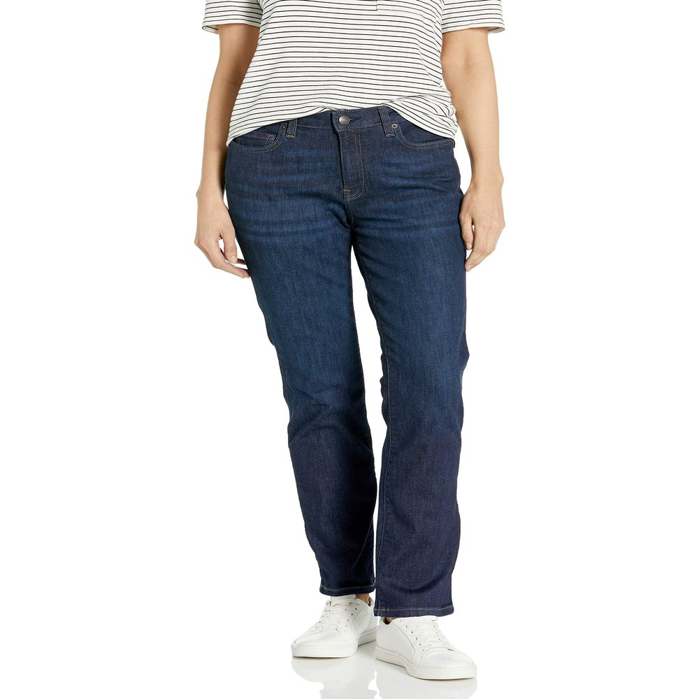 Amazon Essentials Women's Mid Rise Slim Straight Jean, Dark Wash, 8 Short