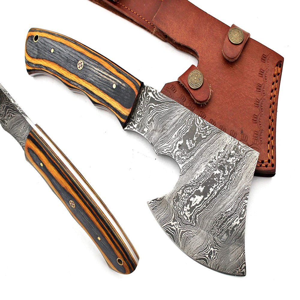 FB LEATHER CRAFTS Tactical Combat Custom Made Damascus Steel Hunting Axe/Throwing Hatchets Smart Axe FBA-0007 and 0008 (Black & Orange Colored Wood)