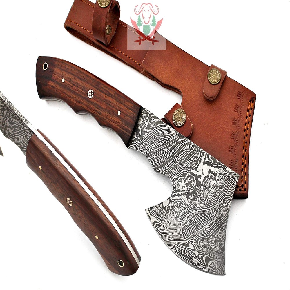 FB LEATHER CRAFTS Tactical Combat Custom Made Damascus Steel Hunting Axe/Throwing Hatchets Smart Axe FBA-0007 and 0008 (Natural Rose Wood)
