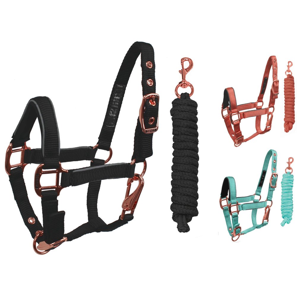 Derby Originals Desert Rose Collection Rose Gold Reflective Safety Stable Horse Halters with Matching Lead Ropes
