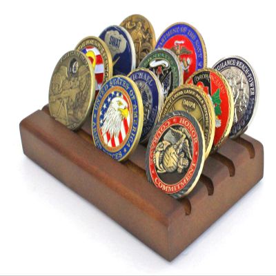 DisplayGifts Challenge Coin Display Stand Wooden Holder Rack Case Holds 12 Military Coins (Walnut Finish)