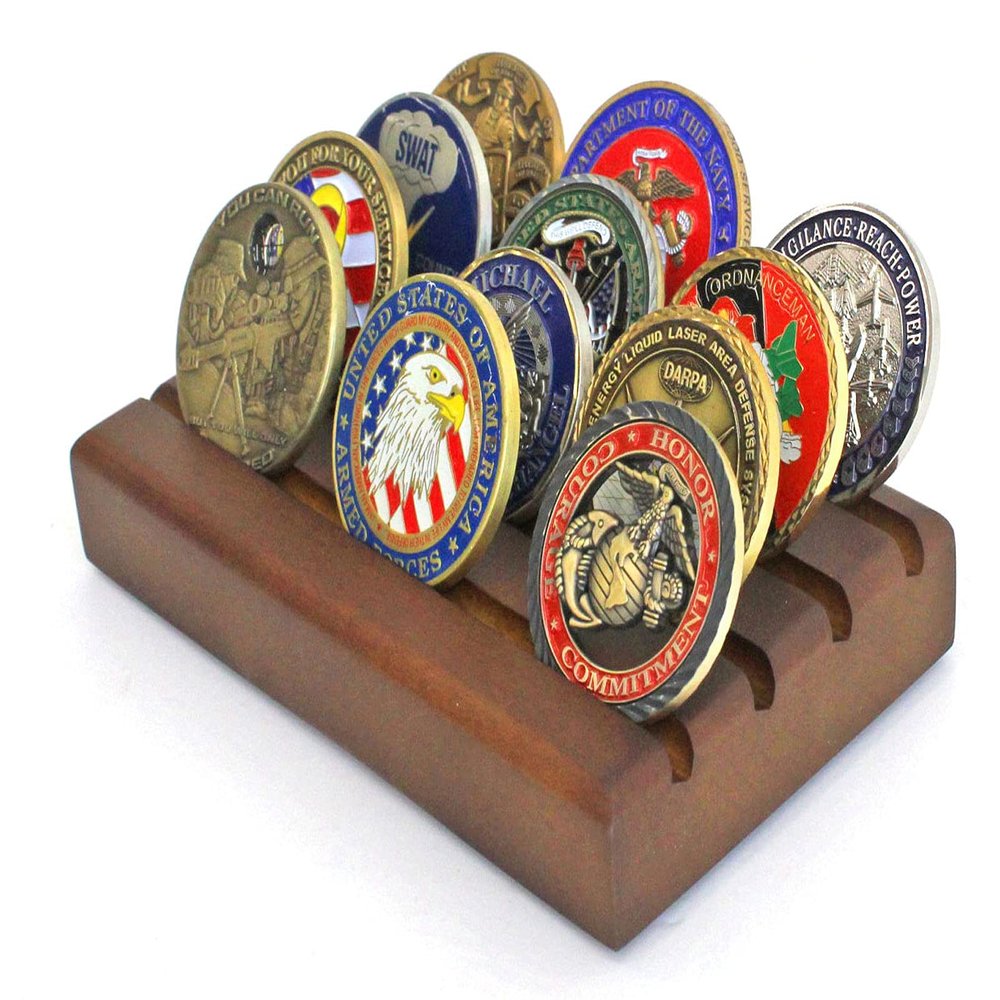 DisplayGifts Challenge Coin Display Stand Wooden Holder Rack Case Holds 12 Military Coins (Walnut Finish)
