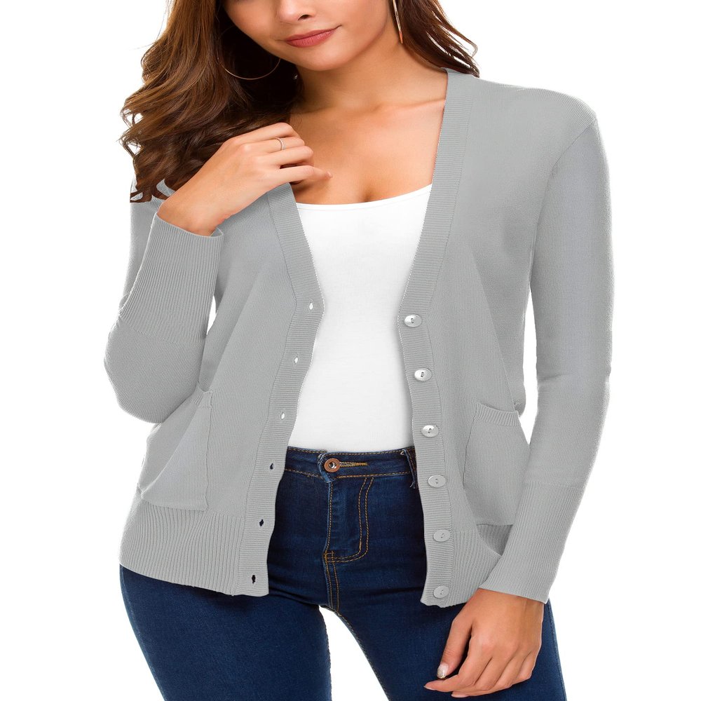 EXCHIC Women's Lightweight Long Sleeve Cardigan Sweaters Classic Button Open Front Knit Sweater with Pockets(Light Grey, Small)