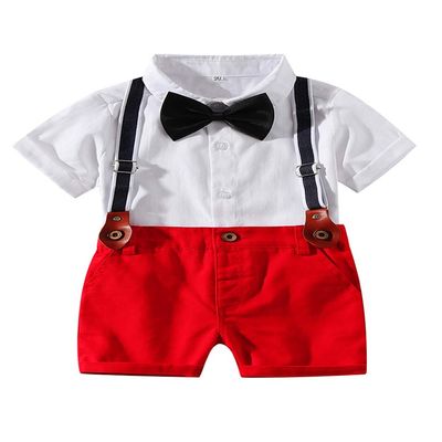 Abolai Baby Boy Summer Cotton Gentleman Long Sleeve Bowtie Romper Suspenders Shorts Outfit Set (6-12month, Style2 Red)