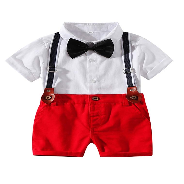Abolai Baby Boy Summer Cotton Gentleman Long Sleeve Bowtie Romper Suspenders Shorts Outfit Set (6-12month, Style2 Red)