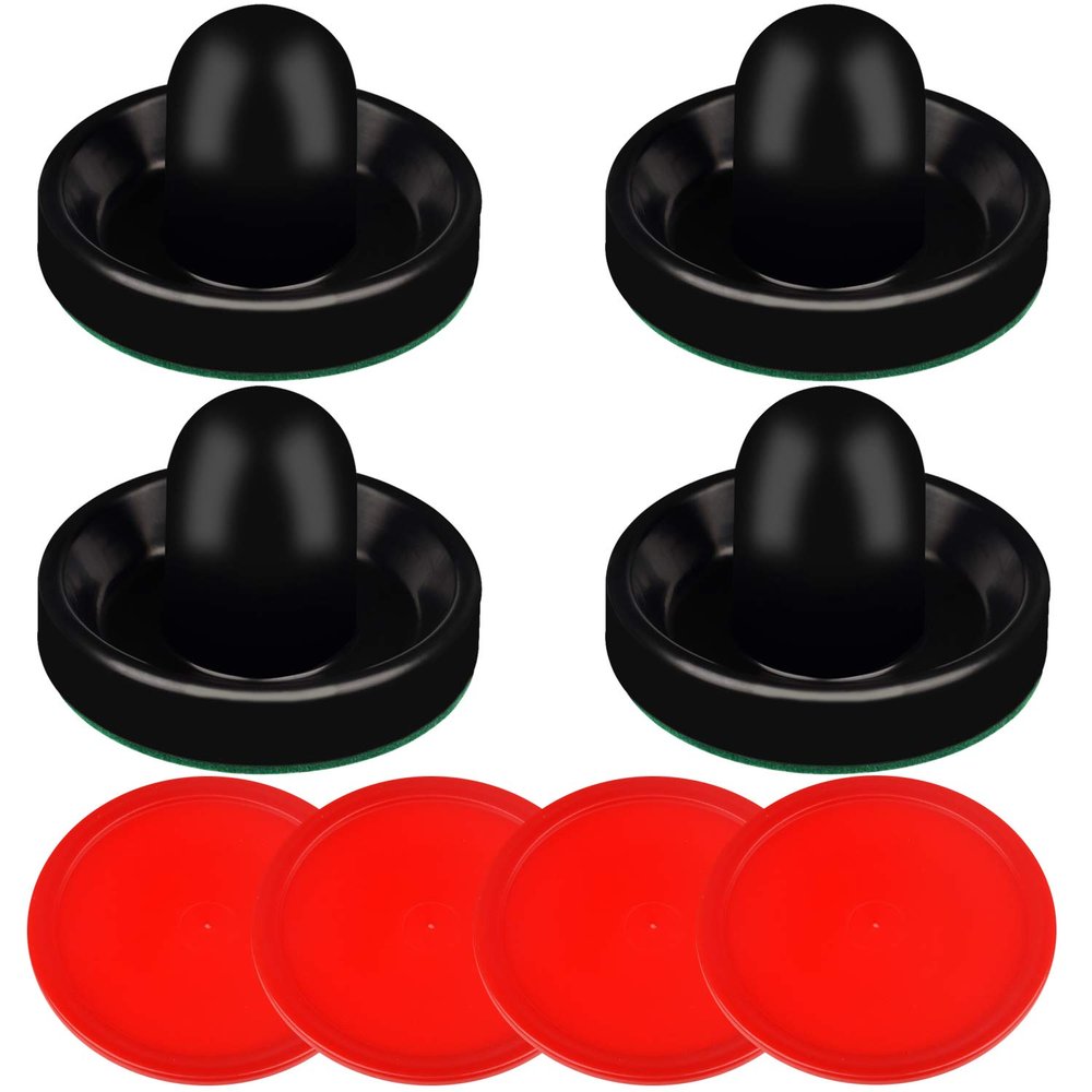 ONE250 Air Hockey Pushers and Red Air Hockey Pucks, Goal Handles Paddles Replacement Accessories for Game Tables (4 Striker, 4 Puck Pack) (Black)