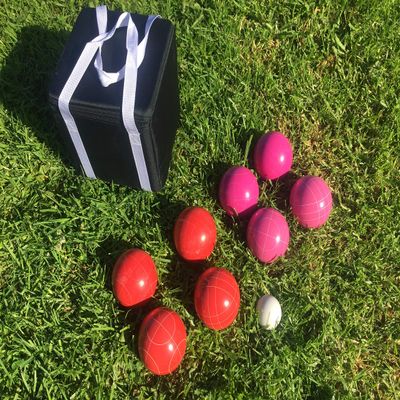 BuyBocceBalls Listing - Unique Bocce Set - 107mm with Pink and Red Balls, Black Bag