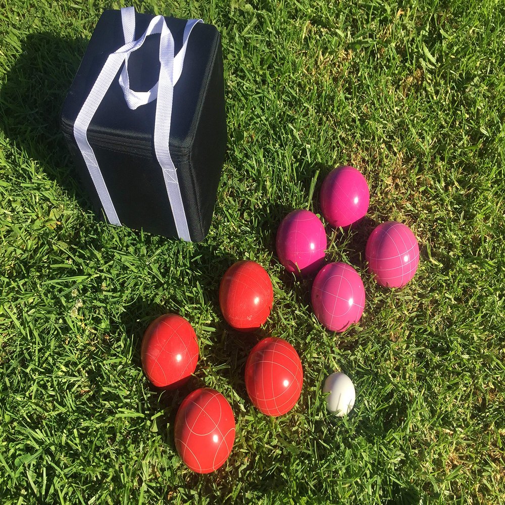 BuyBocceBalls Listing - Unique Bocce Set - 107mm with Pink and Red Balls, Black Bag