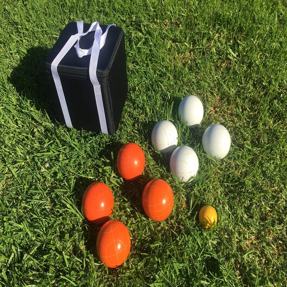BuyBocceBalls Listing - Unique Bocce Set - 107mm with Orange and White Balls, Black Bag