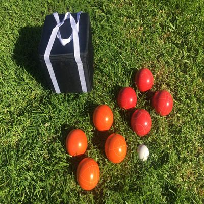 BuyBocceBalls Listing - Unique Bocce Set - 107mm with Orange and Red Balls, Black Bag