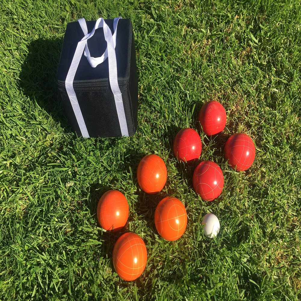 BuyBocceBalls Listing - Unique Bocce Set - 107mm with Orange and Red Balls, Black Bag