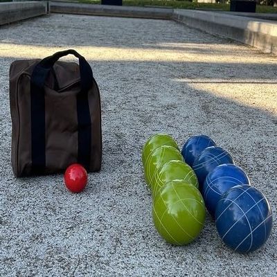 BuyBocceBalls Listing - Made in USA, Premium Quality Official Tournament Bocce Set - 107mm Blue and Lime Green Balls Nylon Bag; Regulation Size Balls 920 Grams (2 lbs. 1 oz.).