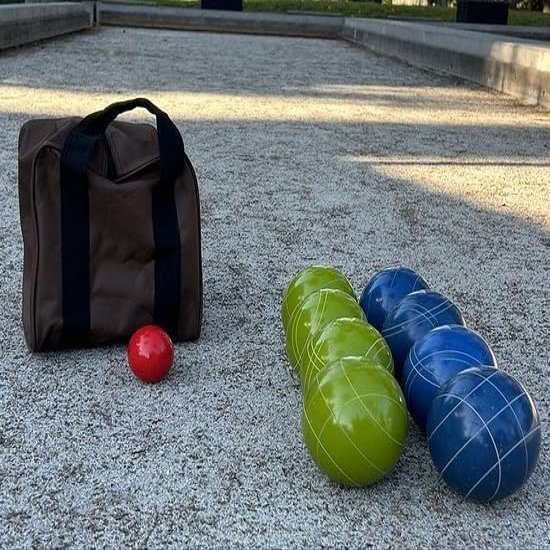 BuyBocceBalls Listing - Made in USA, Premium Quality Official Tournament Bocce Set - 107mm Blue and Lime Green Balls Nylon Bag; Regulation Size Balls 920 Grams (2 lbs. 1 oz.).