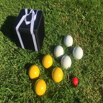 BuyBocceBalls Listing - Unique Bocce Set - 107mm with White and Yellow Balls, Black Bag