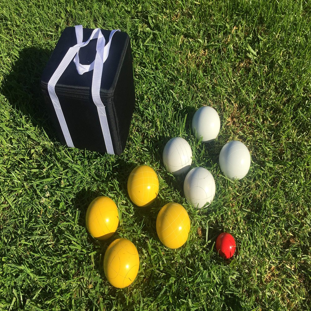 BuyBocceBalls Listing - Unique Bocce Set - 107mm with White and Yellow Balls, Black Bag