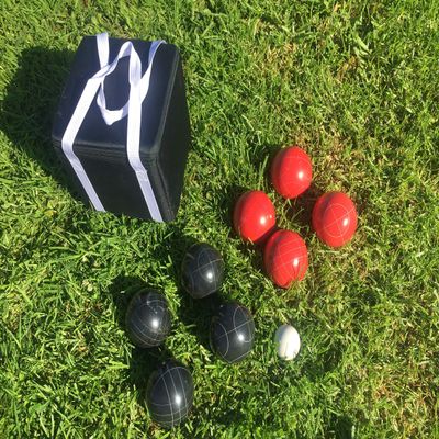 BuyBocceBalls Listing - Unique Bocce Set - 107mm with Black and Red Balls, Black Bag