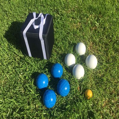 BuyBocceBalls Listing - Unique Bocce Set - 107mm with Blue and White Balls, Black Bag