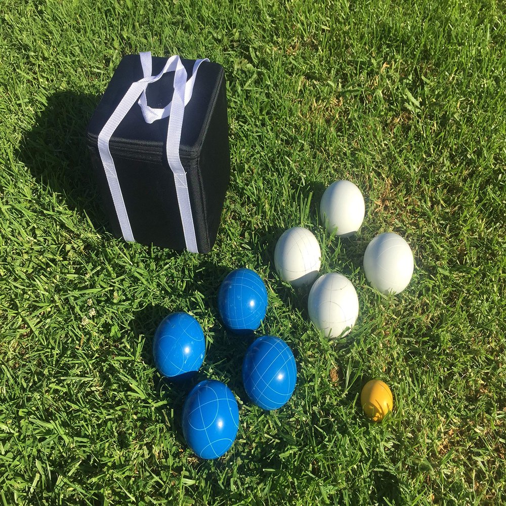 BuyBocceBalls Listing - Unique Bocce Set - 107mm with Blue and White Balls, Black Bag
