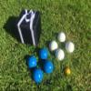 BuyBocceBalls Listing - Unique Bocce Set - 107mm with Blue and White Balls, Black Bag view 1