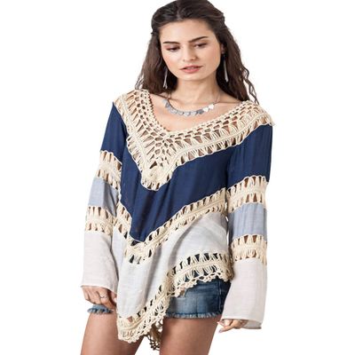 Itemnew Women's Casual Loose Fit Lace Patchwork Pullover Tops Cover Up (Free Size, Blue)