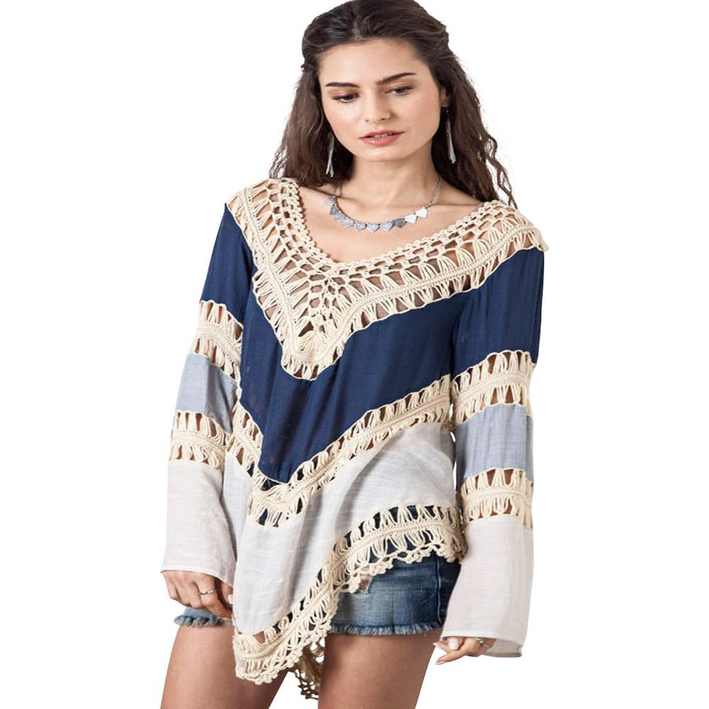 Itemnew Women's Casual Loose Fit Lace Patchwork Pullover Tops Cover Up (Free Size, Blue)