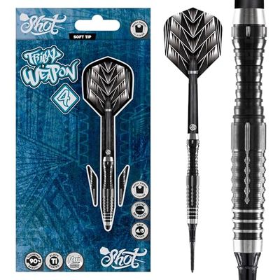 Shot Darts Soft Tip, Tribal Weapon 4 (18g / 20g), 90% Tungsten Barrels, Center Balanced with Precision Grips, Handcrafted Professional Dart Set and Flights Made in New Zealand, Plastic Tip Bar Darts
