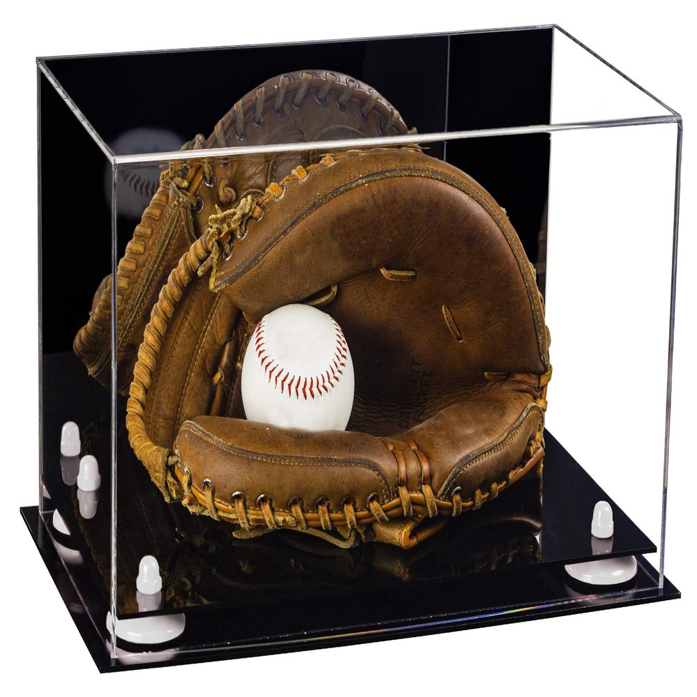 Better Display Cases Acrylic Baseball Catchers Glove Display Case with Mirror and White Risers (A011/V16)