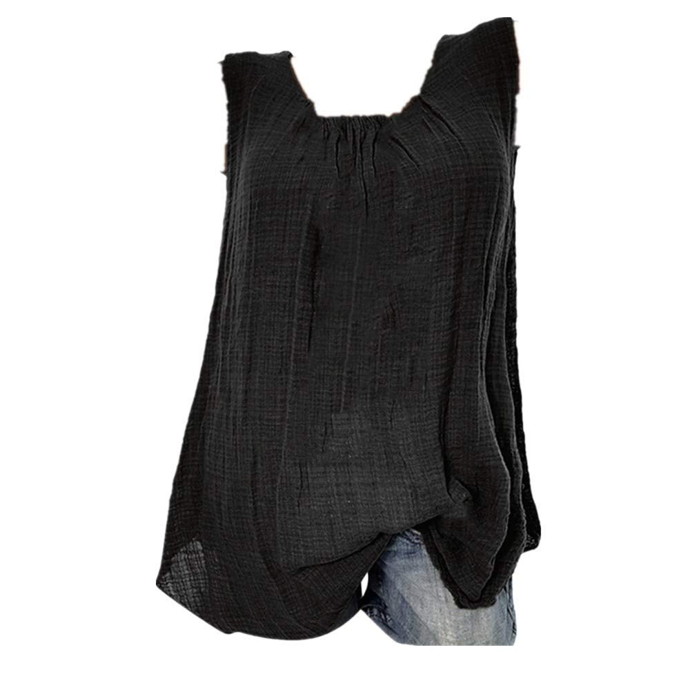 Wokasun.JJ Womens Cotton Linen Blouse,Ladies Sleeveless Baggy T-Shirt Vest Summer Fashion Plus Size Tee Blouse Tank Tops(Black,XXL)