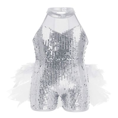 Alvivi Kids Girls Sparkly Sequined Dance Leotard with Feathers Tulle Jumpsuit Stage Performance Unitards White 8-10