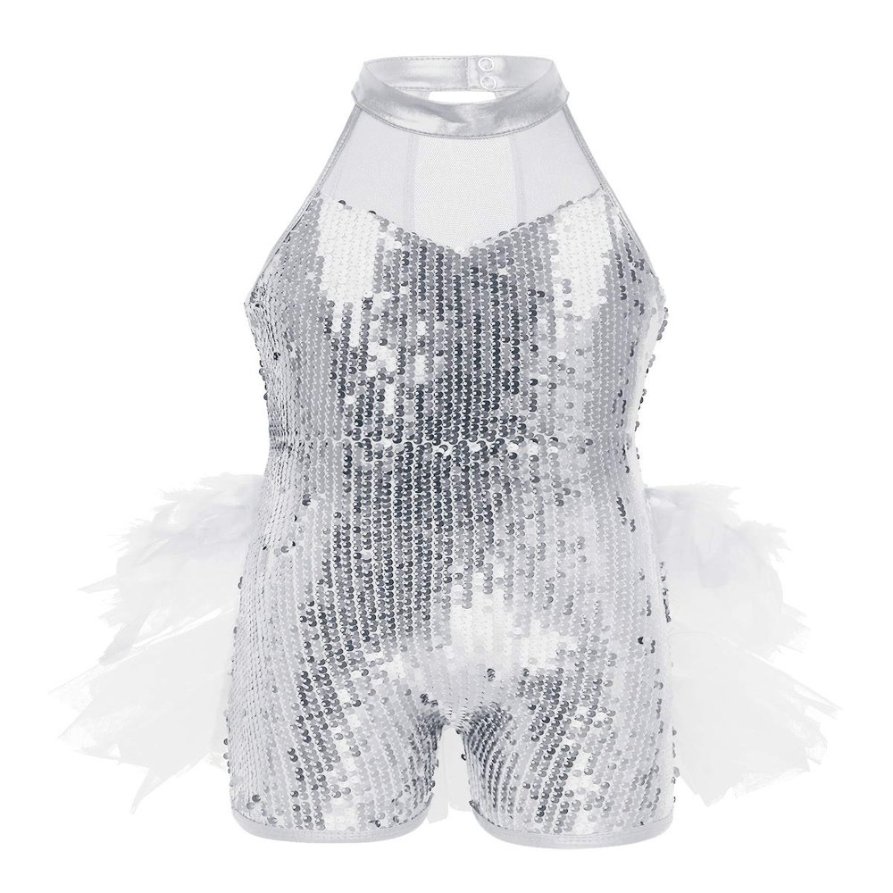 Alvivi Kids Girls Sparkly Sequined Dance Leotard with Feathers Tulle Jumpsuit Stage Performance Unitards White 8-10