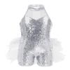 Alvivi Kids Girls Sparkly Sequined Dance Leotard with Feathers Tulle Jumpsuit Stage Performance Unitards White 8-10 view 1