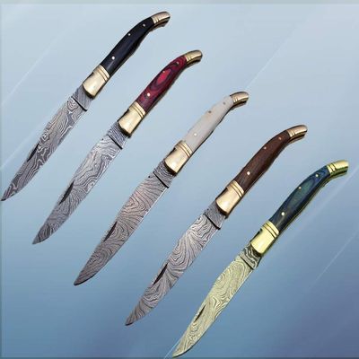 5 Pieces Laguiole Folding Damascus Steel Knife, Red, Blue, White, Black & Brown 5 Scale Colors with Brass Bolster. Cow Hide Leather Sheath Included