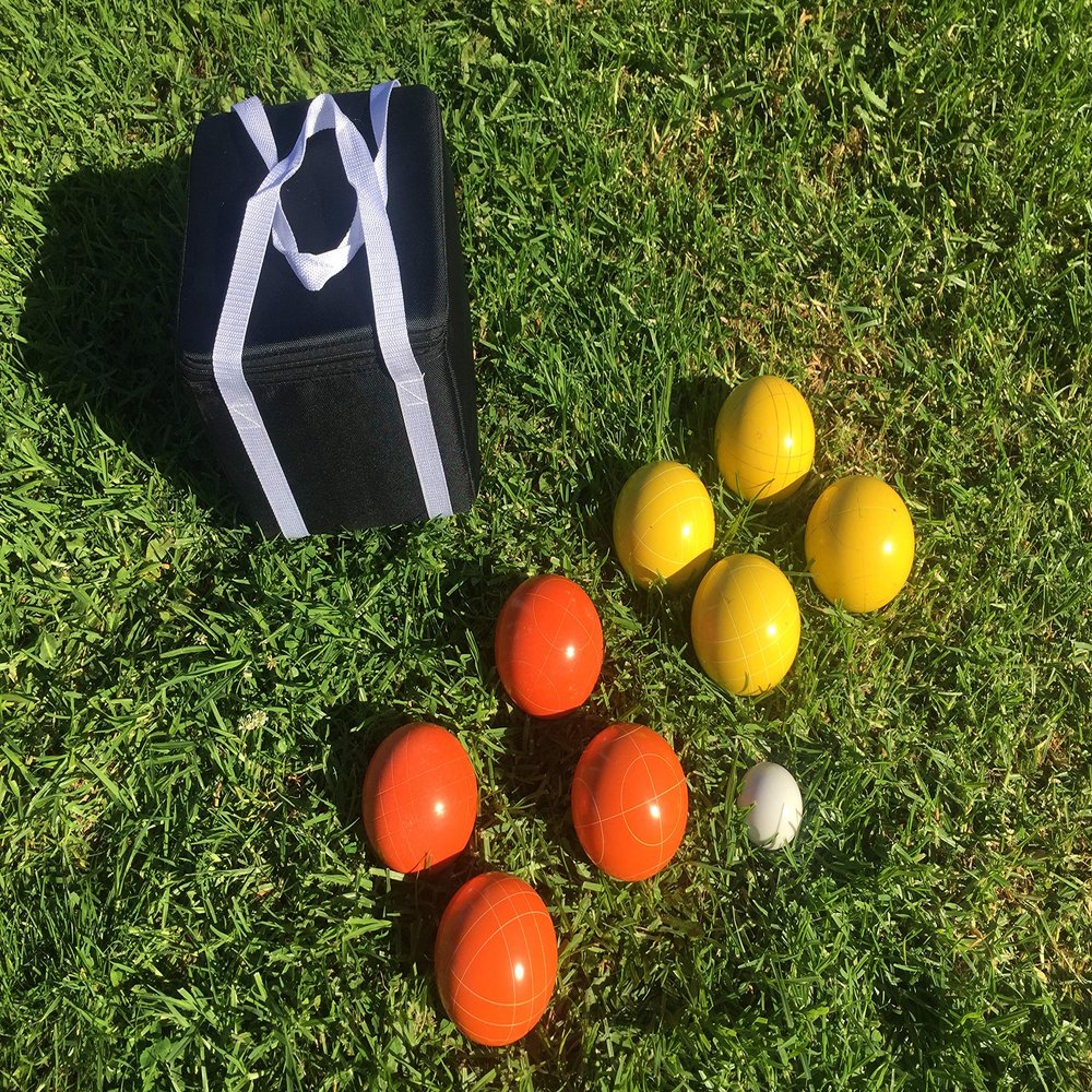 BuyBocceBalls Listing - Unique Bocce Set - 107mm with Orange and Yellow Balls, Black Bag