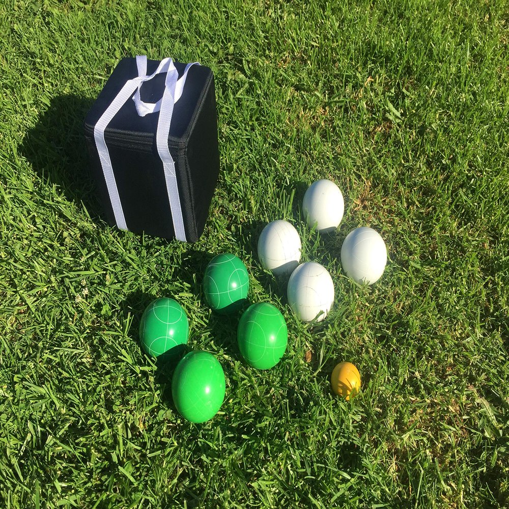 BuyBocceBalls Listing - Unique Bocce Set - 107mm with Green and White Balls, Black Bag