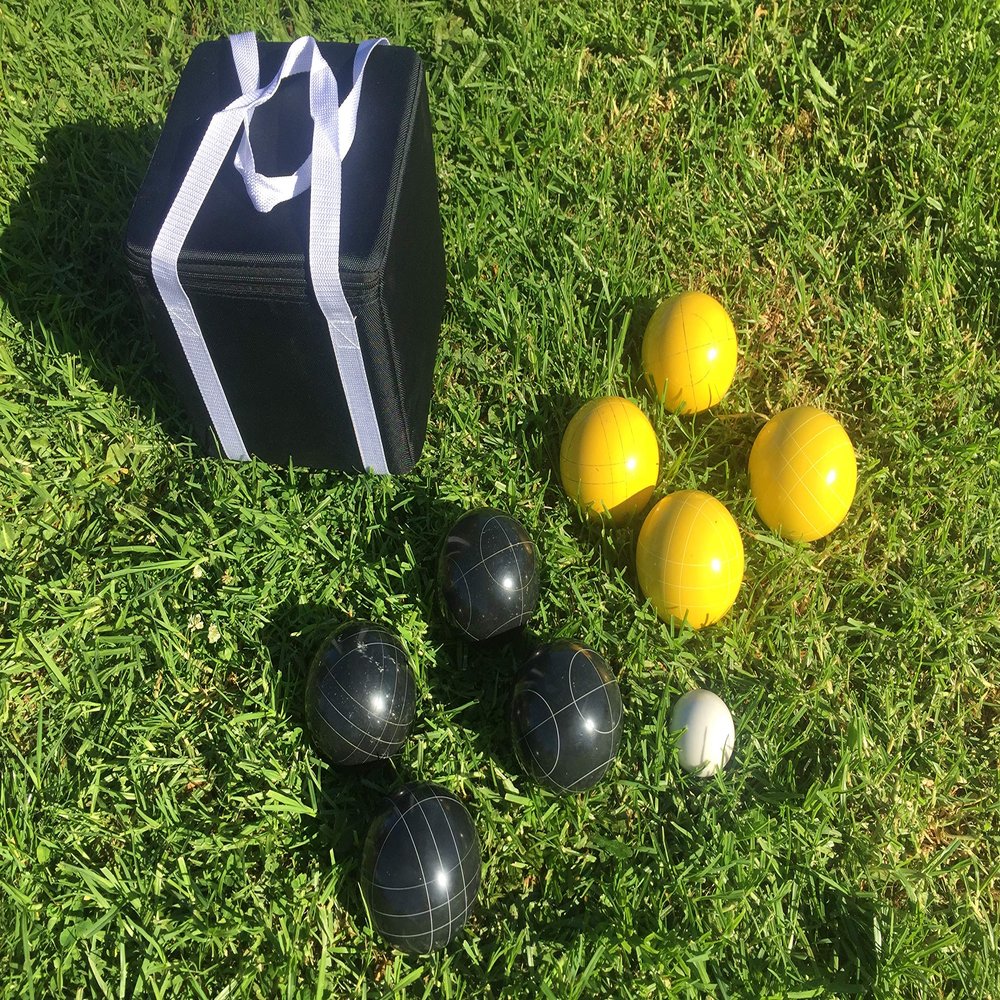 BuyBocceBalls Listing - Unique Bocce Set - 107mm with Black and Yellow Balls, Black Bag