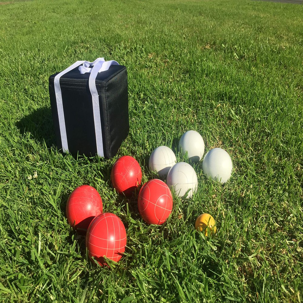 BuyBocceBalls Listing - Unique Bocce Set - 107mm with White and Red Balls, Black Bag