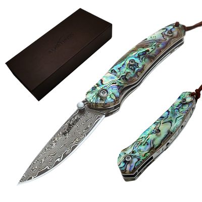 ALBATROSS Folding Pocket Knife - 6.5" Damascus Steel Blade with Abalone Seashell Handle, Handcrafted 71-Layer Modern Knife with Liner Lock System, Luxury Gift Box - HGDK015B