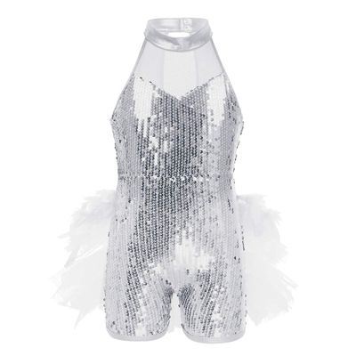 ACSUSS Kids Girls Sequins Mock Neck Hip-Hop Jazz Ballet Dance Leotard Jumpsuit Street Stage Performance Costume White 8-10 Years
