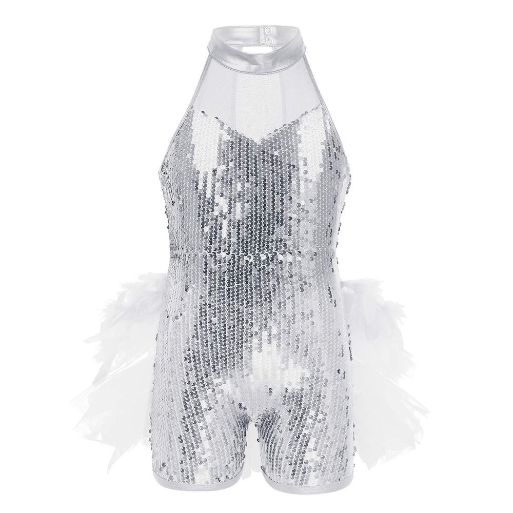 ACSUSS Kids Girls Sequins Mock Neck Hip-Hop Jazz Ballet Dance Leotard Jumpsuit Street Stage Performance Costume White 8-10 Years