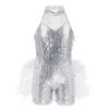 ACSUSS Kids Girls Sequins Mock Neck Hip-Hop Jazz Ballet Dance Leotard Jumpsuit Street Stage Performance Costume White 8-10 Years view 1